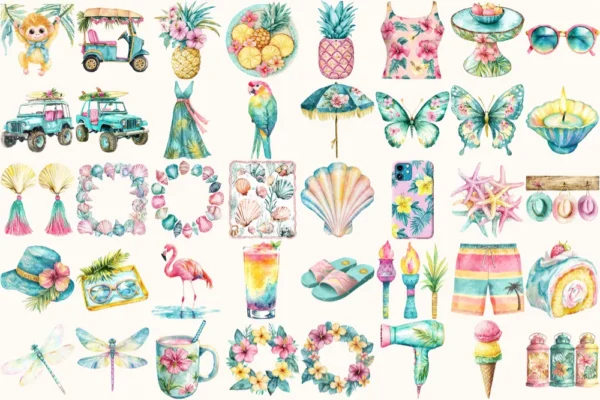 Tropical Island Rhythms Watercolor Clipart Set - 268+ transparent PNG, Seaside graphics, Tropical summer, Commercial use, Digital download