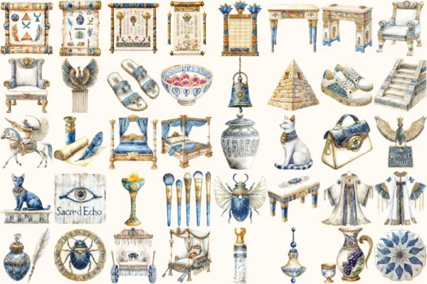 Amentas Whisper Watercolor Clipart Set - 275+ transparent PNG, Ancient egypt illustrations, Pharaohs art, Commercial use, Digital download
