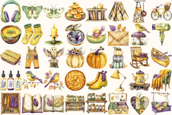 Autumn Notions Watercolor Clipart Set - 265+ transparent PNG, Artistic autumn graphics, Falling leaves art, Commercial use, Digital download