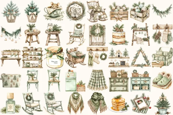 Festive Farmhouse Watercolor Clipart Set - 273+ transparent PNG, Cozy christmas graphics, Holiday cabin art, Commercial use,Digital download