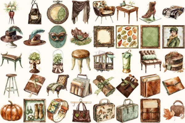 Autumn Gallery Watercolor Clipart Set - 272+ transparent PNG, Fall fashion graphics, Autumn museum images, Commercial use, Digital download