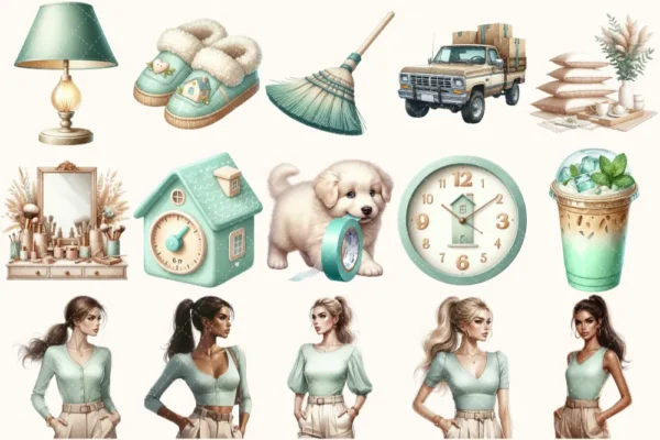 Moving Clipart Set - 110+ transparent PNG, New home illustrations, Interior decor graphics, Moving day art, Commercial use, Digital download