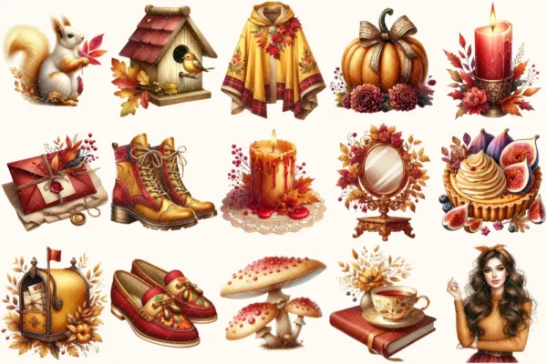 Autumn Enchantment Clipart Set - 120+ transparent PNG, Cozy autumn illustrations, Cottagecore fall images, Commercial use, Digital download