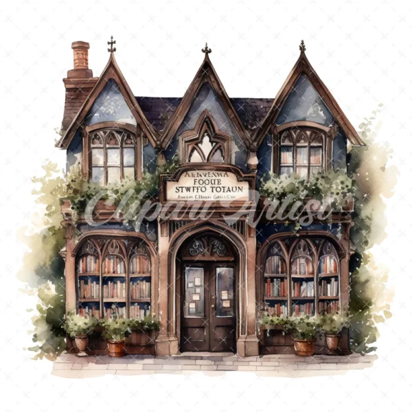 20 High-Quality Gothic Bookshop Clipart - Gothic bookshop digital watercolor JPG instant download for commercial use - Digital download