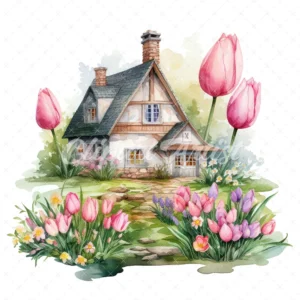 20 High-Quality Spring Cottages Clipart - Spring cottages digital watercolor JPG instant download for commercial use - Digital download