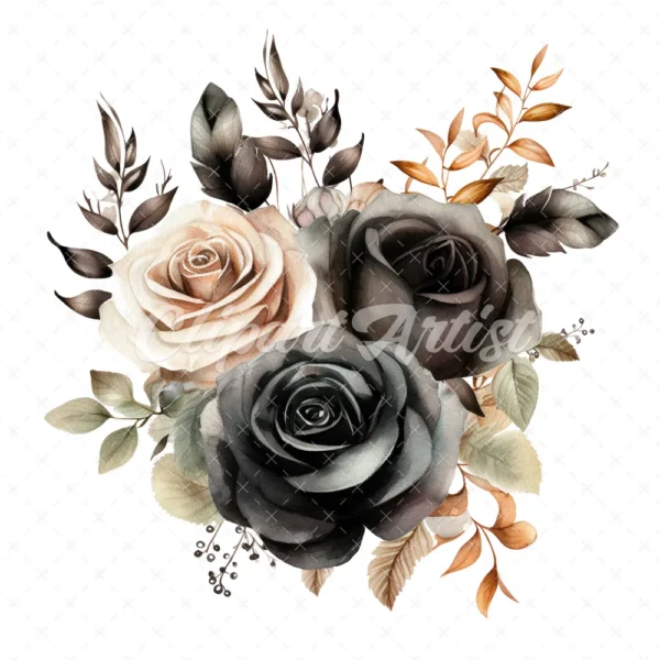 19 High-Quality Black Roses Boutique Clipart - Black roses digital watercolor JPG instant download for commercial use - Digital download