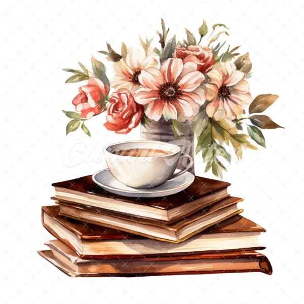 20 High-Quality Floral Coffee Books Clipart - Coffee books digital watercolor JPG instant download for commercial use - Digital download