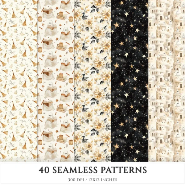 Cozy Haunt Seamless Patterns, Spooky autumn JPEG, Ghosts pattern, Witch hat, Bones, Pumpkin repeating pattern, Digital scrapbook paper