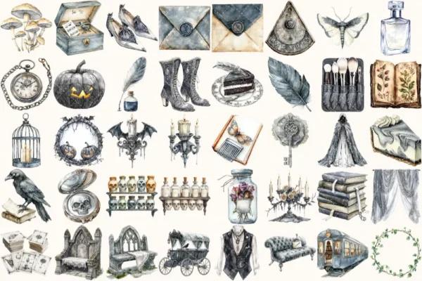 Gothic Diary Watercolor Clipart Set - 265+ transparent PNG, Dark academia graphics, Gothic halloween art, Commercial use, Digital download
