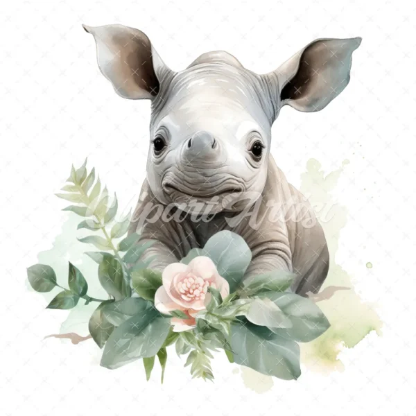 20 High-Quality Baby Rhino Clipart - Baby rhino digital watercolor JPG instant download for commercial use - Digital download