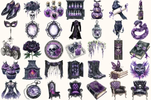 Haunted Masquerade Watercolor Clipart Set - 230+ transparent PNG, Spooky halloween graphics, Gothic images, Commercial use, Digital download