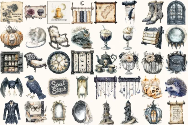 Ghostly Gothic Walls Watercolor Clipart Set - 275+ transparent PNG, Dark academia graphics, Halloween png, Commercial use, Digital download