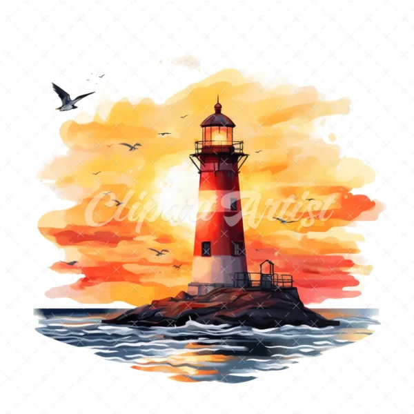 20 High-Quality Sunset Lighthouse Clipart - Sunset lighthouse digital watercolor JPG instant download for commercial use - Digital download