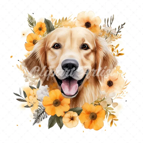 20 High-Quality Floral Golden Retriever Clipart - Retriever digital watercolor JPG instant download for commercial use - Digital download