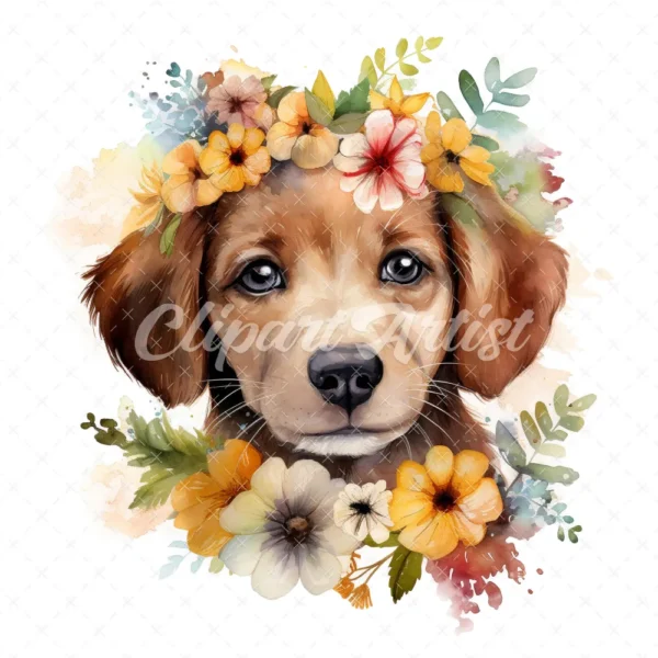 20 High-Quality Floral Portrait Puppy Clipart - Floral Puppy digital watercolor JPG instant download for commercial use - Digital download