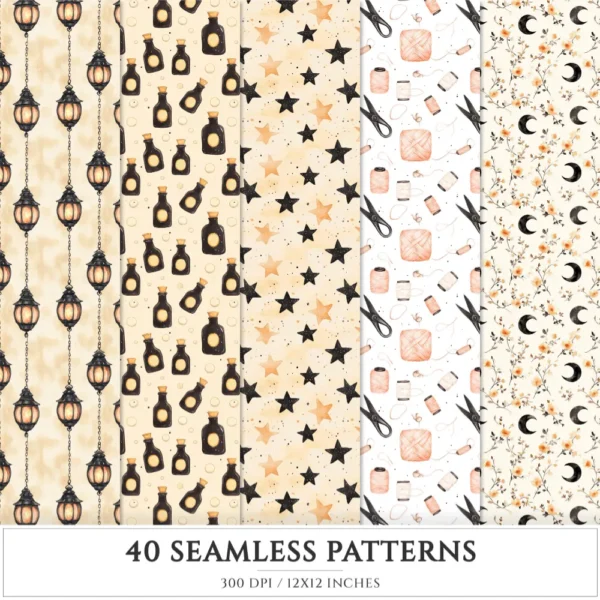 Cozy Halloween Seamless Patterns, Spooky halloween JPEG, Skulls pattern, Witch Hat, Ghosts, Bats repeating pattern, Digital scrapbook paper