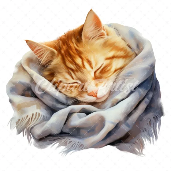 20 High-Quality Cat Sleeping in Shawl Clipart - Sleeping Cat digital watercolor JPG instant download for commercial use - Digital download