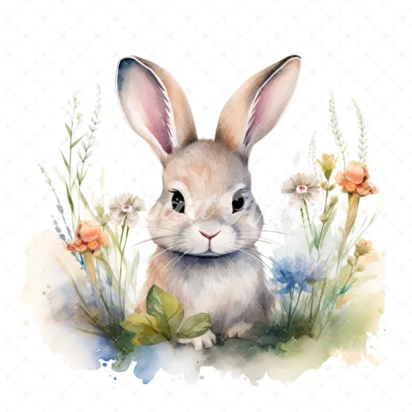 20 High-Quality Bunny in a Meadow Clipart - Bunny meadow digital watercolor JPG instant download for commercial use - Digital download