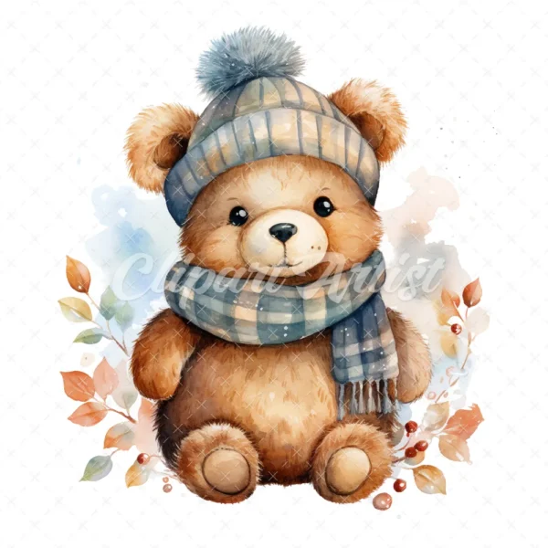 20 High-Quality Winter Teddy Bear Clipart - Winter teddy bear digital watercolor JPG instant download for commercial use - Digital download