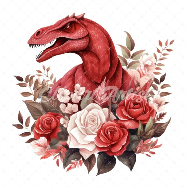 20 High-Quality Red Floral Dinosaur Clipart - Red dinosaur digital watercolor JPG instant download for commercial use - Digital download