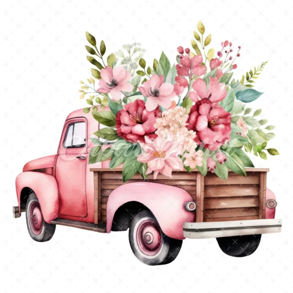 19 High-Quality Floral Truck Clipart - Floral truck digital watercolor JPG instant download for commercial use - Digital download