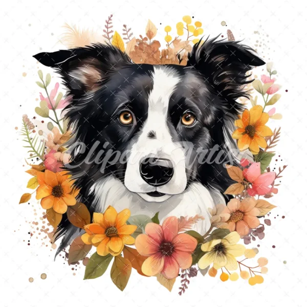 20 High-Quality Floral Border Collie Clipart - Border collie digital watercolor JPG instant download for commercial use - Digital download