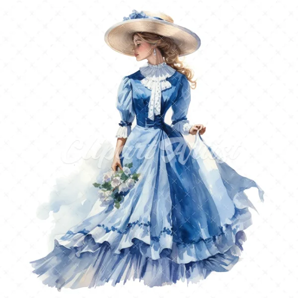 20 High-Quality Blue Victorian Dress Clipart - Victorian dress digital watercolor JPG instant download for commercial use - Digital download