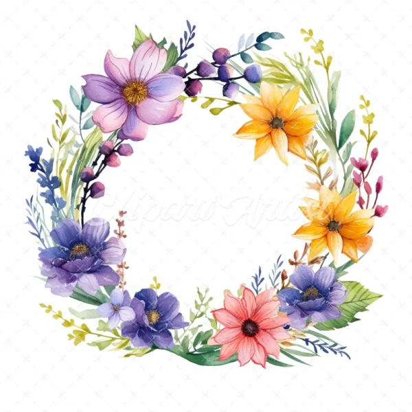 20 High-Quality Wildflowers Wreath Clipart - Wildflower wreath digital watercolor JPG instant download for commercial use - Digital download