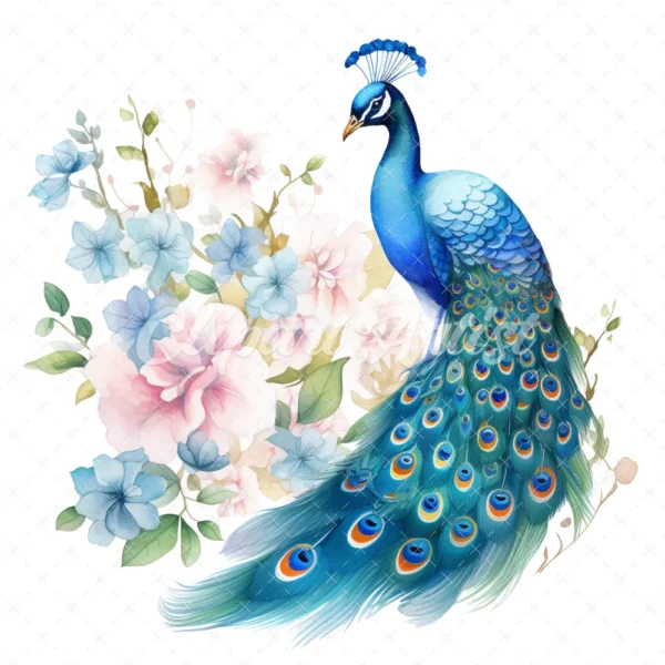 20 High-Quality Peacock in Garden Clipart - Peacock digital watercolor JPG instant download for commercial use - Digital download