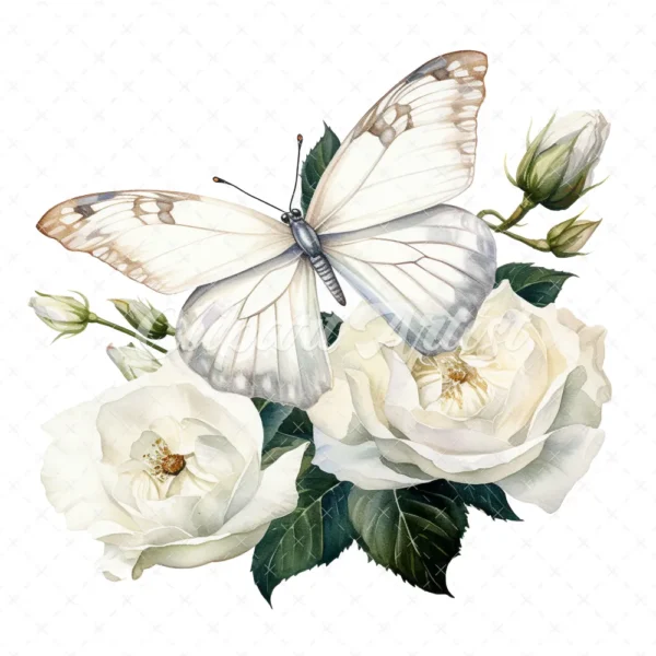 19 High-Quality White Butterfly Rose Clipart -White Butterfly digital watercolor JPG instant download for commercial use - Digital download