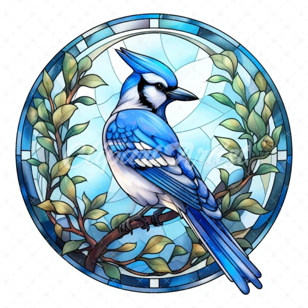 20 High-Quality Blue Jay Stained Glass Clipart - Blue jay digital watercolor JPG instant download for commercial use - Digital download