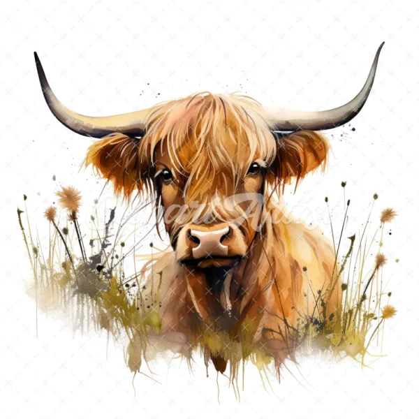 19 High-Quality Highland Cow in Grass Clipart - Highland cow digital watercolor JPG instant download for commercial use - Digital download