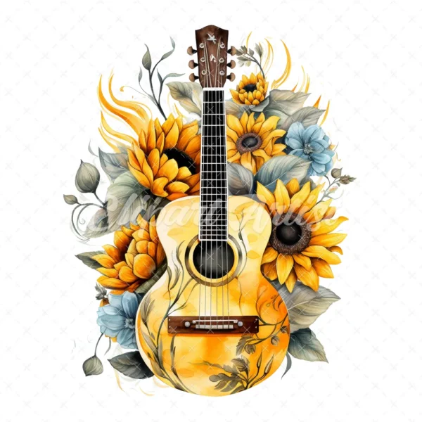 20 High-Quality Sunflowers Guitars Clipart - Sunflowers guitar digital watercolor JPG instant download for commercial use - Digital download