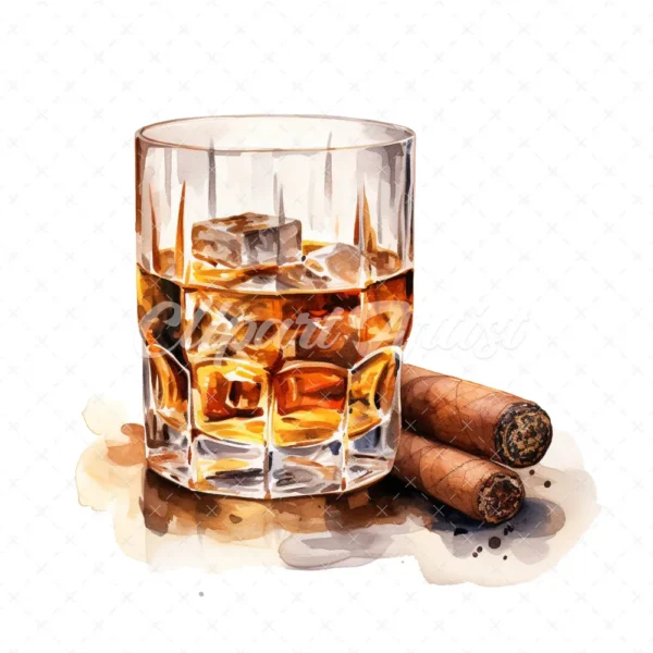 20 High-Quality Cigar Glass of Whisky Clipart -Cigar whisky digital watercolor JPG instant download for commercial use - Digital download