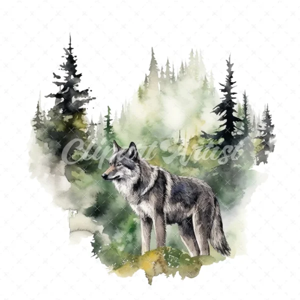 20 High-Quality Forest Grey Wolf Clipart - Forest grey wolf digital watercolor JPG instant download for commercial use - Digital download