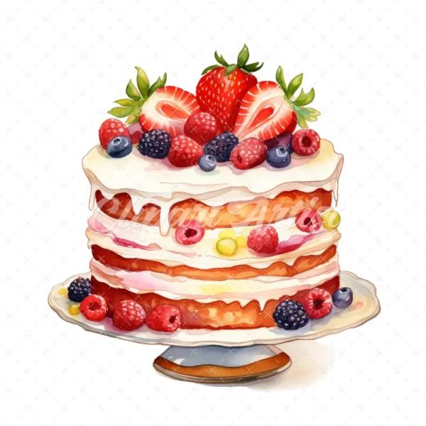20 High-Quality Birthday Fruit Cake Clipart - Fruit cake digital watercolor JPG instant download for commercial use - Digital download