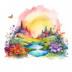 22 High-Quality Rainbow Meadow Clipart - Rainbow meadow digital watercolor JPG instant download for commercial use - Digital download