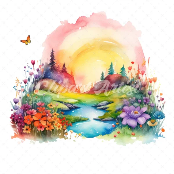 22 High-Quality Rainbow Meadow Clipart - Rainbow meadow digital watercolor JPG instant download for commercial use - Digital download