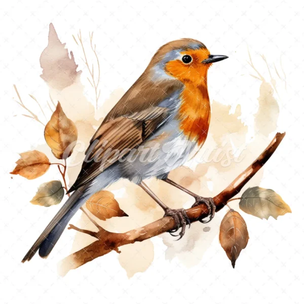 20 High-Quality Robin on Dry Leaf Clipart - Birds digital watercolor JPG instant download for commercial use - Digital download