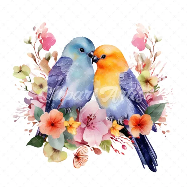 20 High-Quality Floral Love Birds Clipart - Floral love birds digital watercolor JPG instant download for commercial use - Digital download