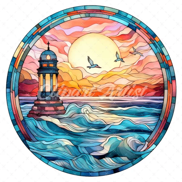20 High-Quality Seaside Stained Glass Clipart - Seaside digital watercolor JPG instant download for commercial use - Digital download