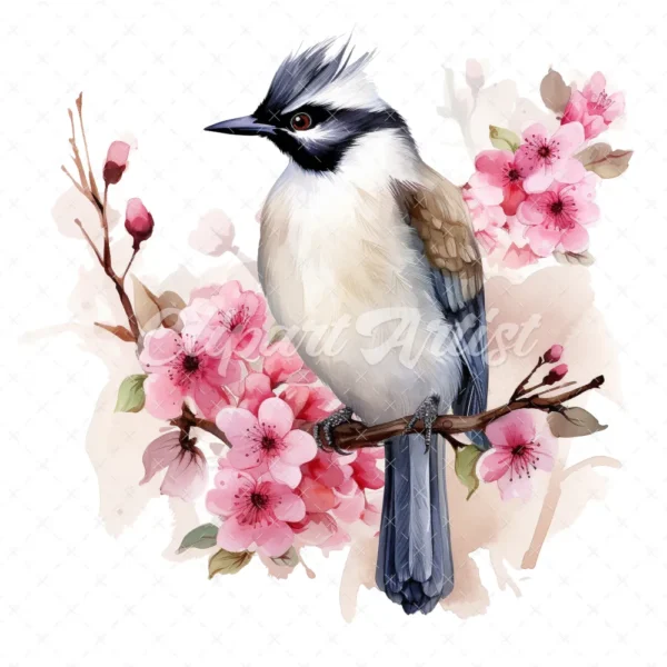 20 High-Quality Floral Whiskered Bulbul Clipart - Bulbul digital watercolor JPG instant download for commercial use - Digital download