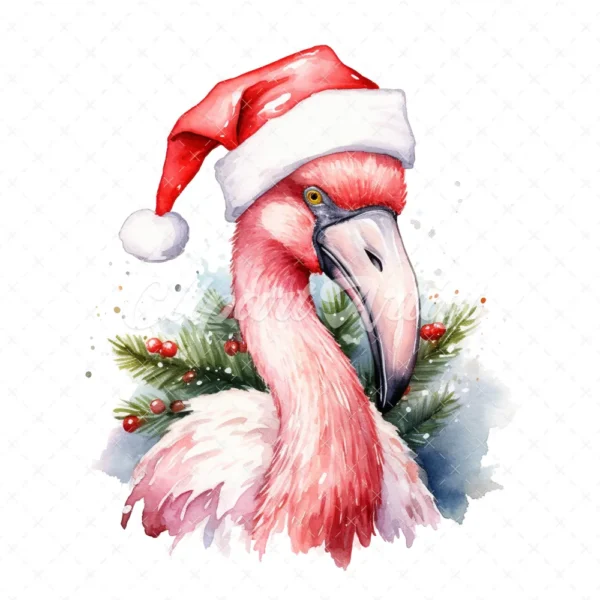20 High-Quality Flamingo Santa Hat Clipart - Flamingo hat digital watercolor JPG instant download for commercial use - Digital download