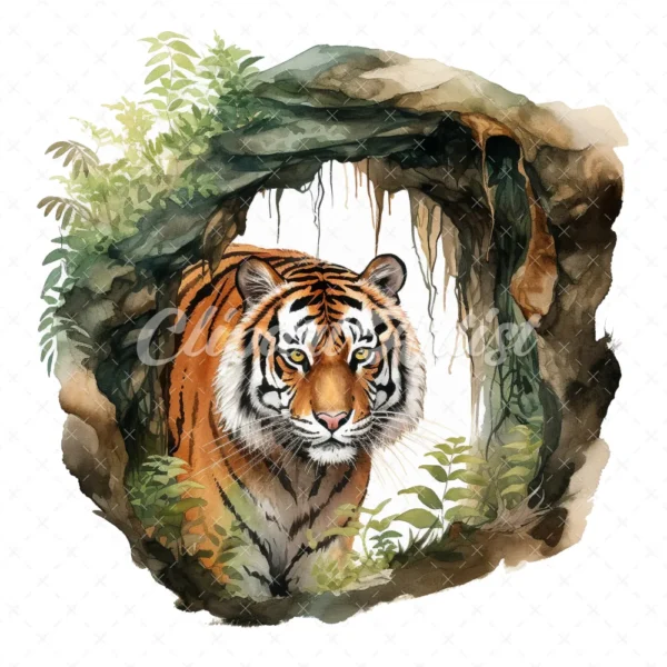 20 High-Quality Forest Cave Tiger Clipart - Cave tiger digital watercolor JPG instant download for commercial use - Digital download