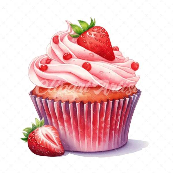 20 High-Quality Strawberry Cupcake Clipart - Cupcake digital watercolor JPG instant download for commercial use - Digital download