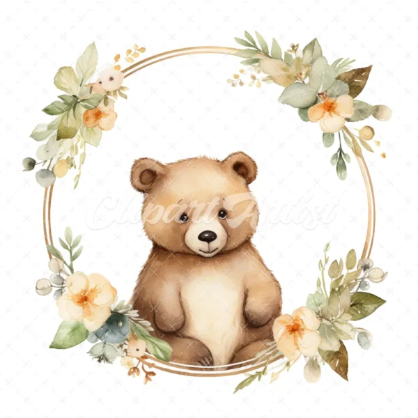 20 High-Quality Bear In Round Frame Rack Clipart - Bear frame digital watercolor JPG instant download for commercial use - Digital download