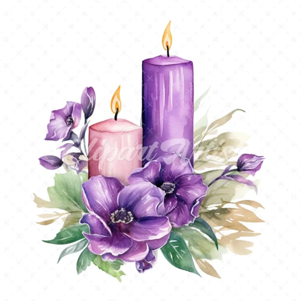 19 High-Quality Purple Floral Candle Clipart - Purple candle digital watercolor JPG instant download for commercial use - Digital download