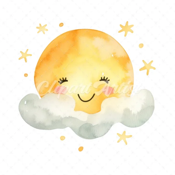 18 High-Quality Cute Sun and Cloud Clipart - Cute sun cloud digital watercolor JPG instant download for commercial use - Digital download