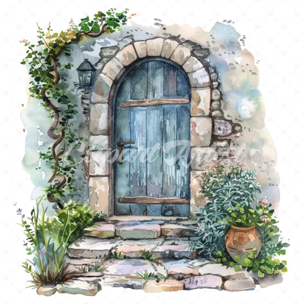 20 High-Quality Doors on Countryside Clipart - Floral doors digital watercolor JPG instant download for commercial use - Digital download