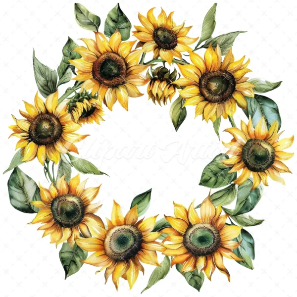 20 High-Quality Sunflowers Wreath Clipart - Sunflowers wreath digital watercolor JPG instant download for commercial use - Digital download